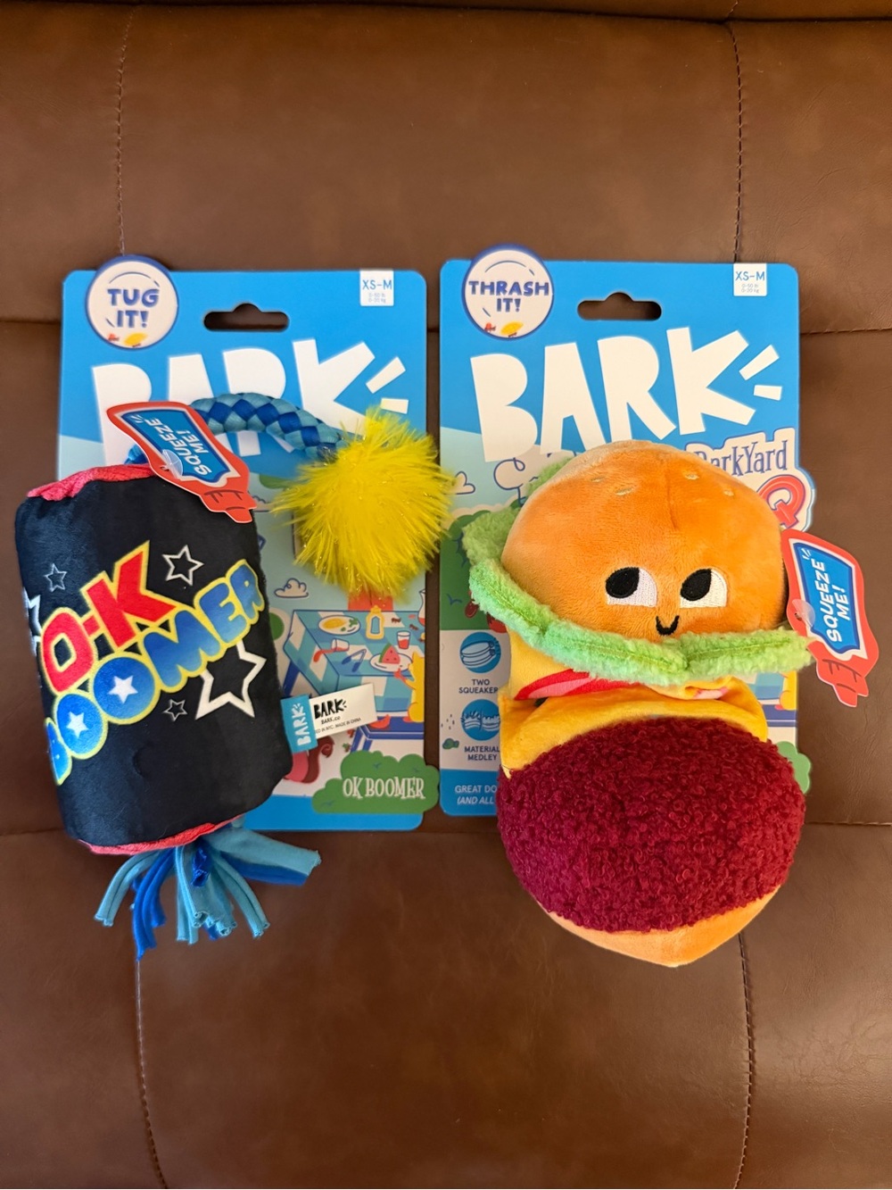 BARK BarkYard BBQ Dog Toy Bundle Hamburger + OK Boomer Tug NWT
